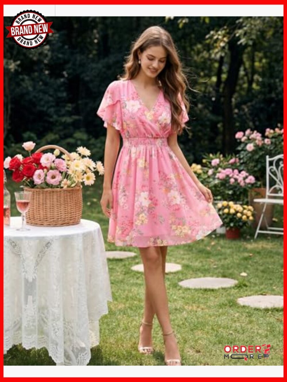 V-Neck Ruffle Sleeve Flowy Chiffon Boho Maxi Dress with Hidden Buttons - Picture 3 of 7